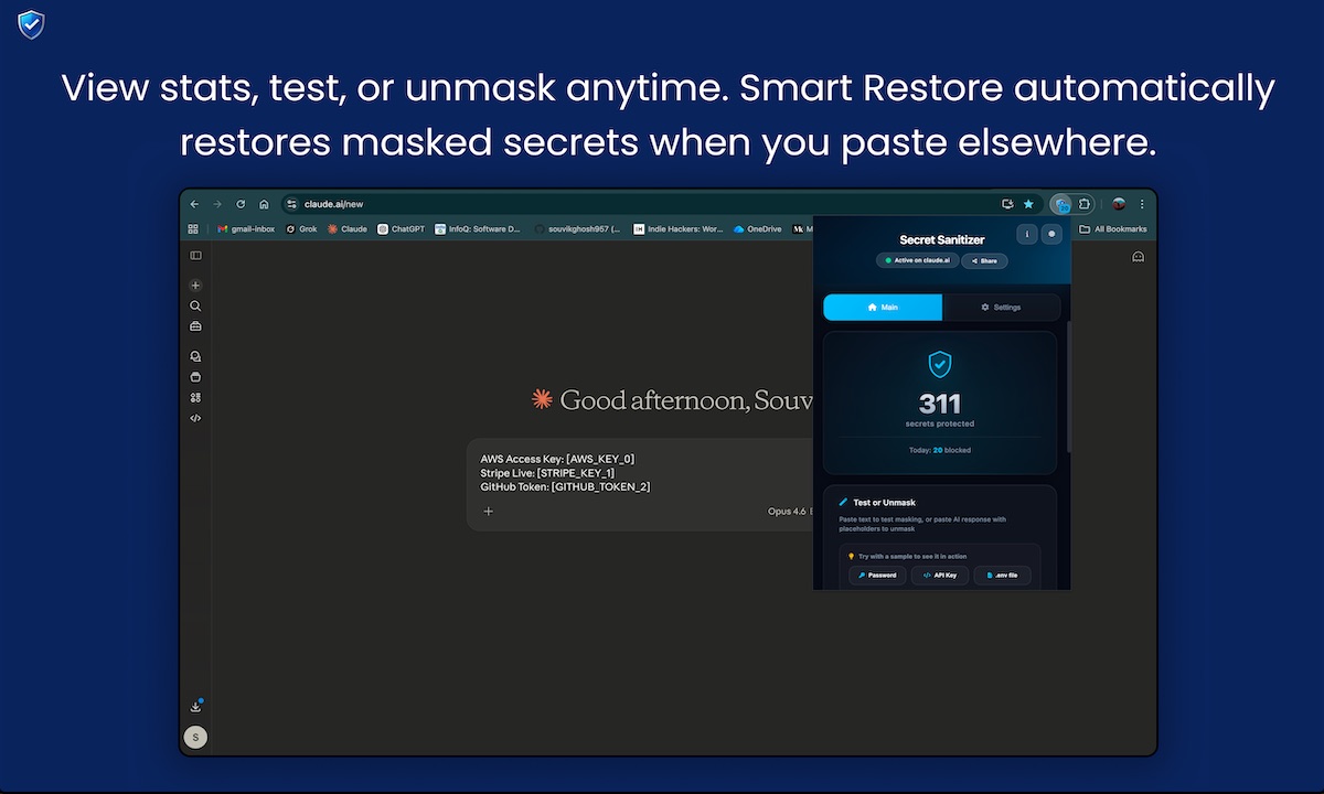 Secret Sanitizer popup showing protection stats, test masking, and Smart Restore for unmasking secrets