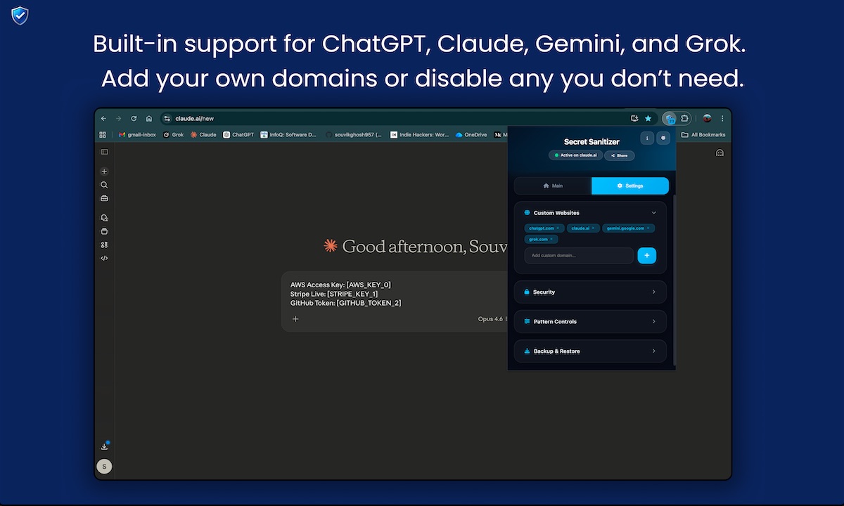 Extension settings with built-in support for ChatGPT, Claude, Gemini, and Grok, plus custom domains you can add